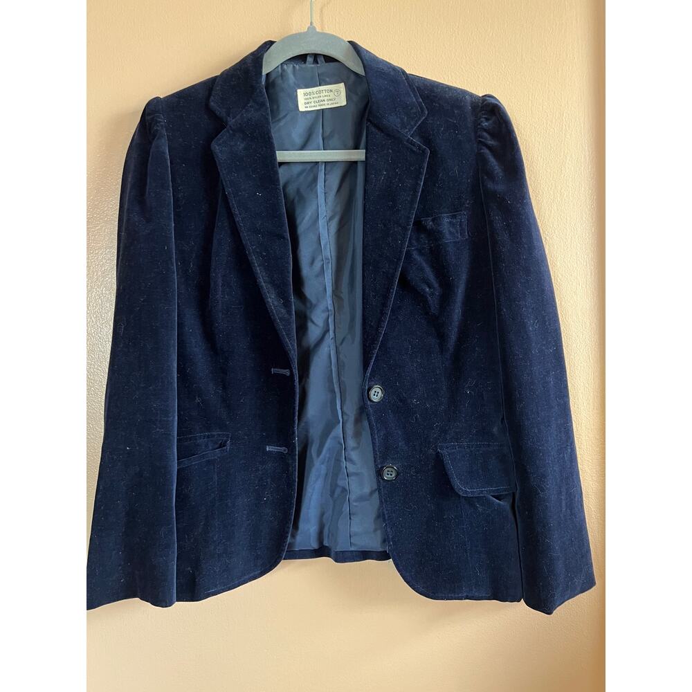 Vintage Navy Blue Velvet Blazer Size 7 Puff Shoulder Made Japan 1970s 80s